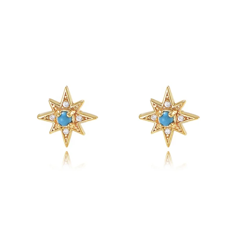 

women girls Turquoise gemstone Starburst jewelry psj S 925 Sterling silver 14k gold plated bling CZ Zircon Huggies Stud Earrings