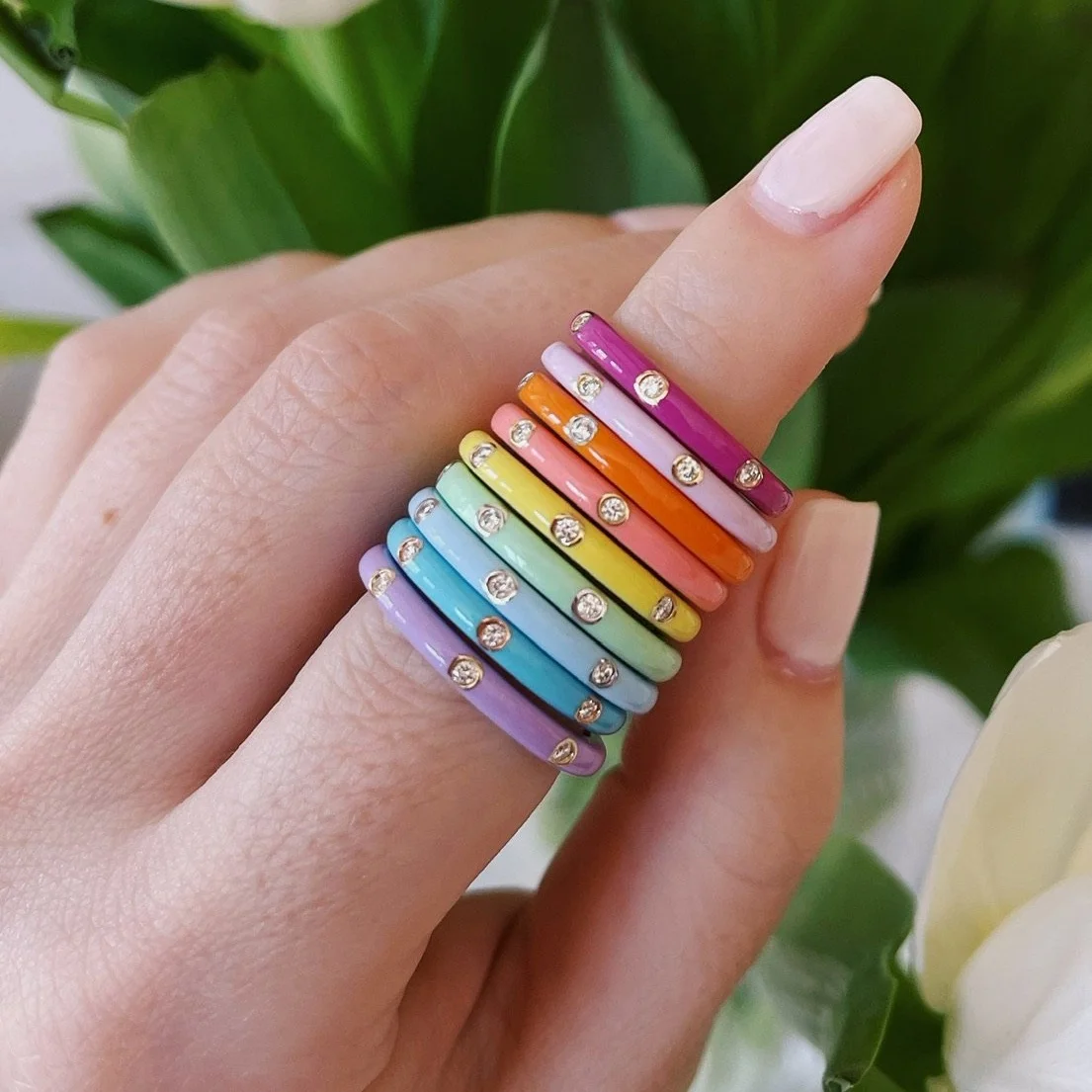 

Gemnel pastel rainbow stack band 3 diamond 925 silver enamel women rings