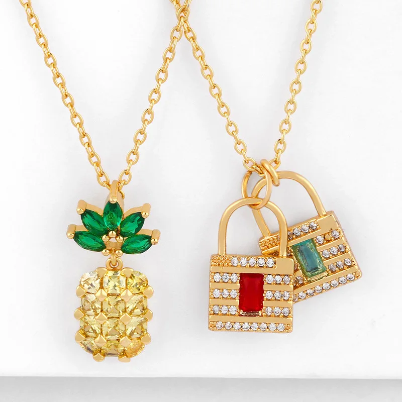 

Women European Design Rainbow CZ PadLock Necklaces 18K Gold Plating Crystal Pineapple Pendant Necklaces