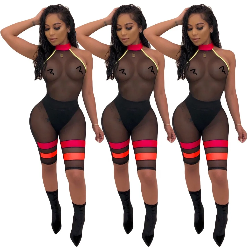 

MT07-8114 New Design Women Sexy Black Mesh Romper Halter Backless perspective Short One Piece Jumpsuit