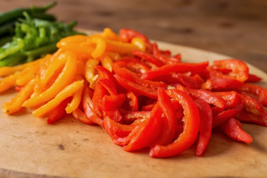 Close-up of various fresh chili peppers sliced for topping applications on wooden cutting board