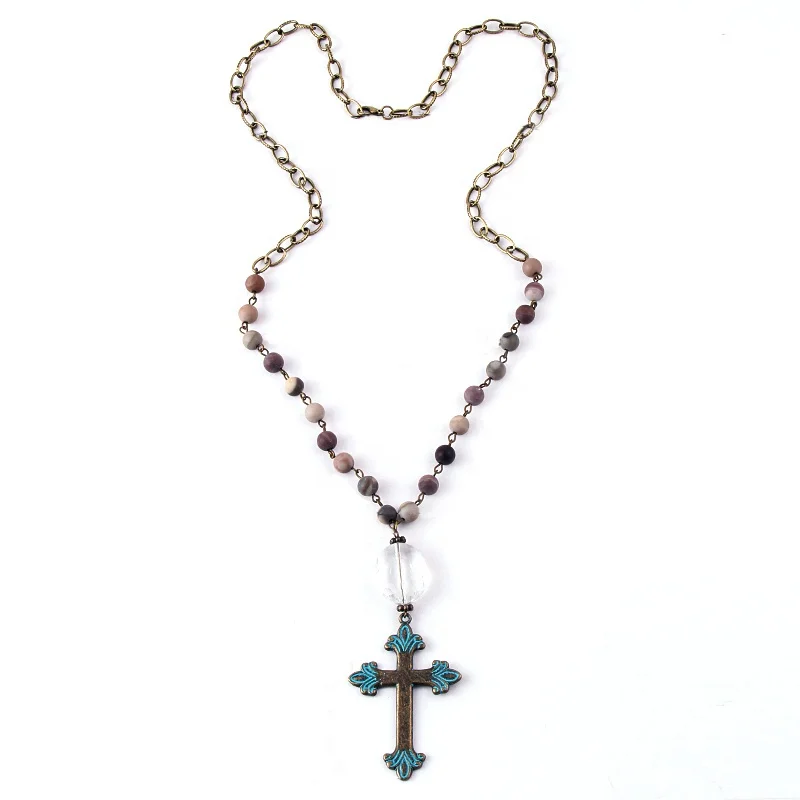 

Religion Antique Aeneous Cross Natural Stone Necklace Catholicism Rosary Gift Religious Church Prayer Beads Necklace