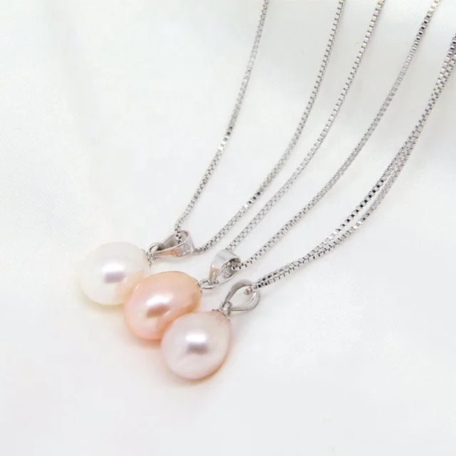 

925 sterling silver pendant Necklace real freshwater nature pearl pendant designs 8 mm rice pearl, White pink purple