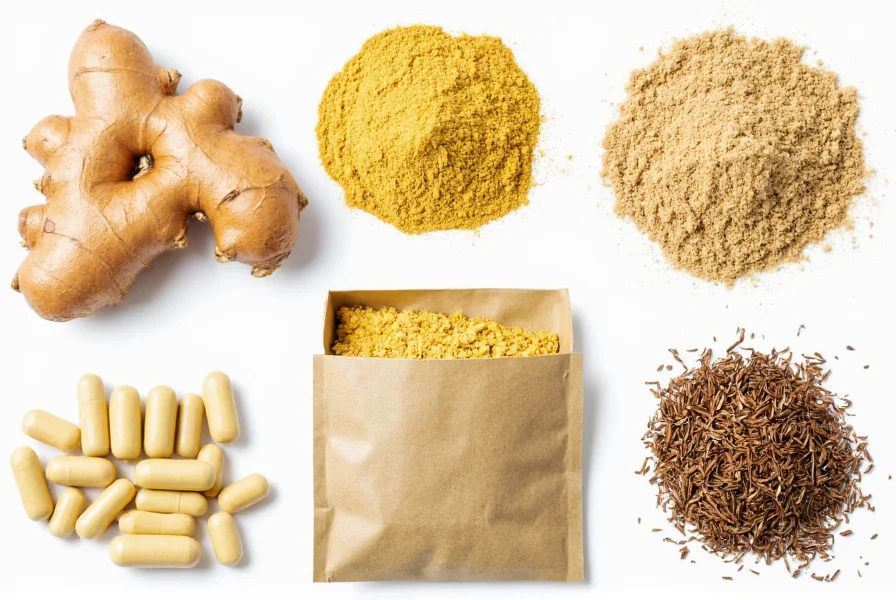 Various ginger preparations including fresh root, dried powder, tea bags, and capsules