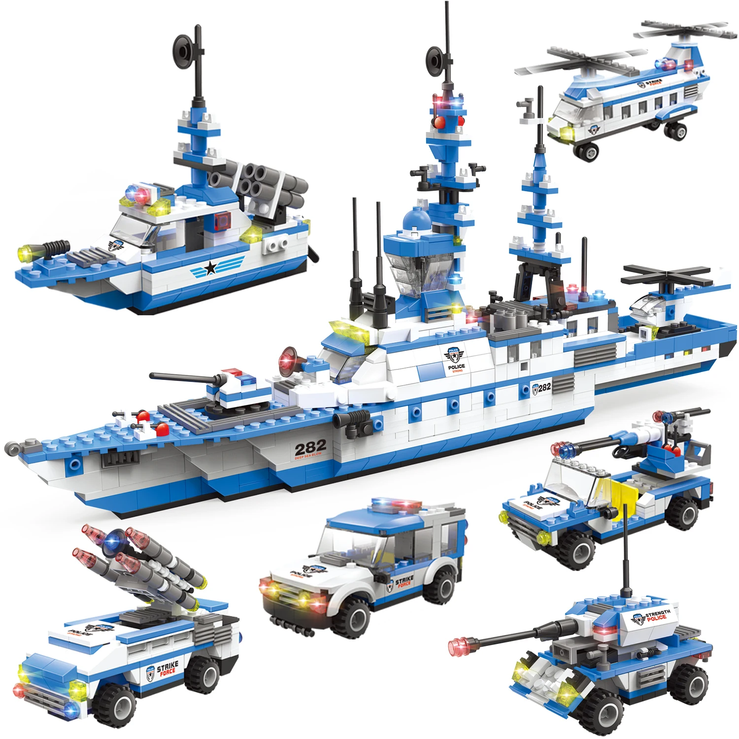 

1169 Pieces City Police Station Building Blocks Sets Missile Patrol Boat Toy Kit, Patrol Ship & Police Helicopter Gift for Kids