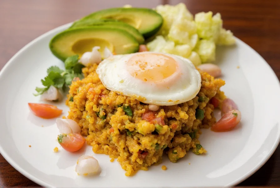 Sliced egg and green chili casserole on plate with side of avocado and fresh salsa