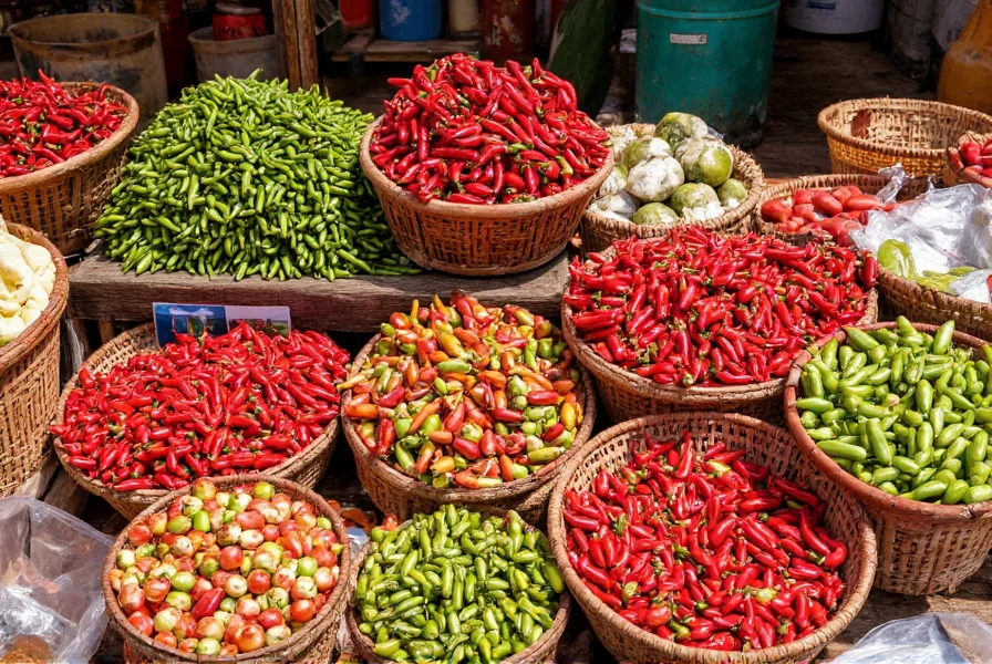 Traditional Kenyan market stall displaying various chili peppers, baskets of red and green peppers, local vendor