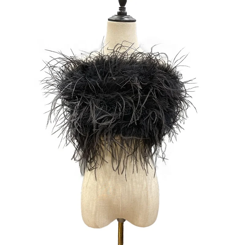 

Summer Sexy Bandage Strap Chest Wrap Feather Fur Top Strapless Black Ostrich Feather Crop Tops for Women, Customized color