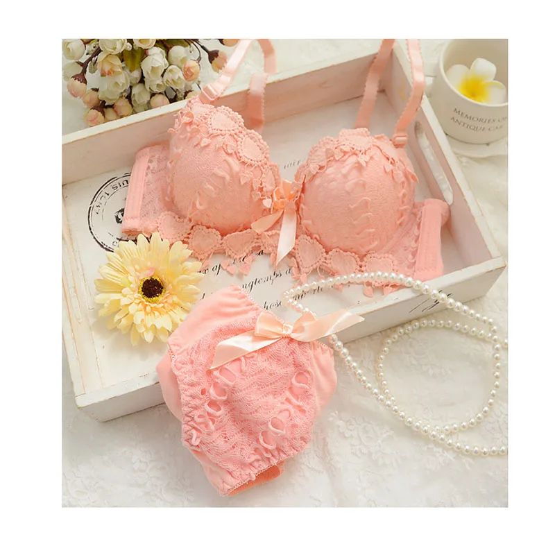 

4086 Lovely Girls Lace Bra Panty Sets Cute Underwire Ladies Sexy Push Up Lace Bra Set, White, pink, yellow, red, green, blue, black