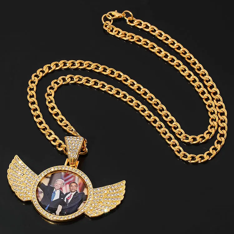 

Gold plated diamond man custom Sublimation picture mens Memory locket jewelry wings Hip hop chain heart pendants photo necklace