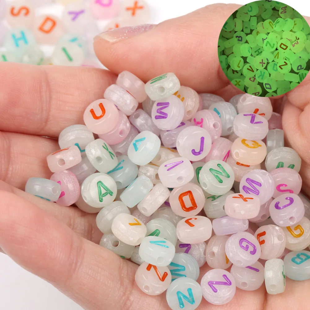 

4*7mm Alphabet Round Flat Loose Spacer Beads for Jewelry Making Handmade DIY Kids Bracelets Acrylic Luminous Letter Beads, Colors