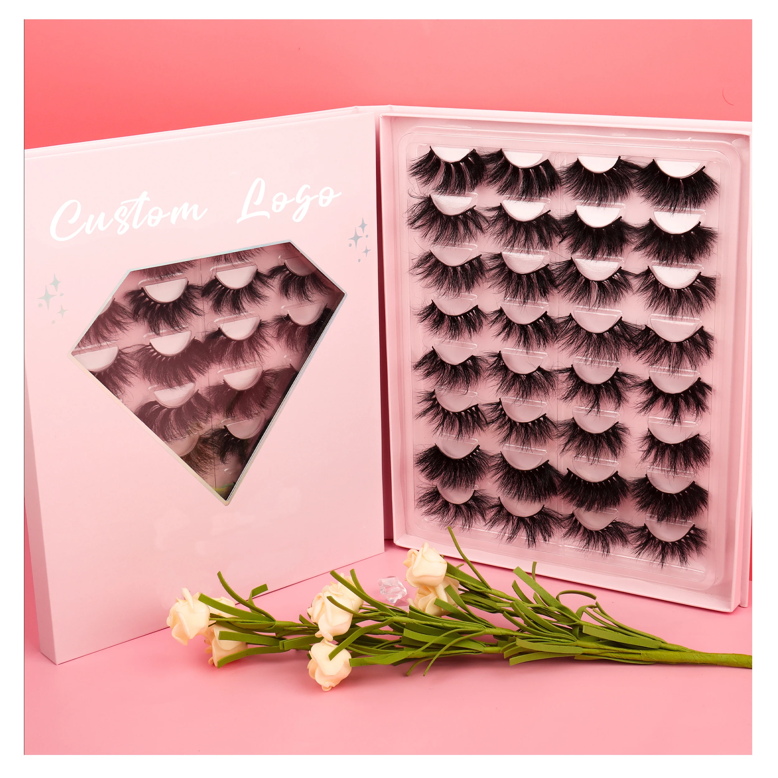 

Custom Lashbook Packaging 16 Pairs Eyelash Book For Wholesale Natural Fluffy Mink Lashes Set 20mm Eyelashes, Black