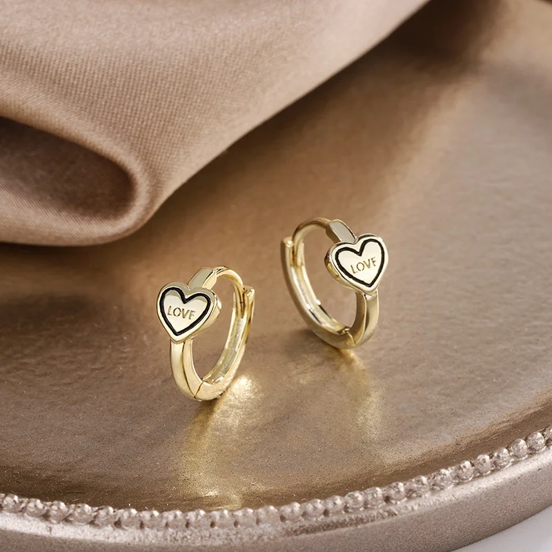 

New arrival jewelry Korean Simple Fashion Gold Plated Heart Stud Earrings For Women exquisite Trendy LOVE Letter Hoop Earring, Gold silver