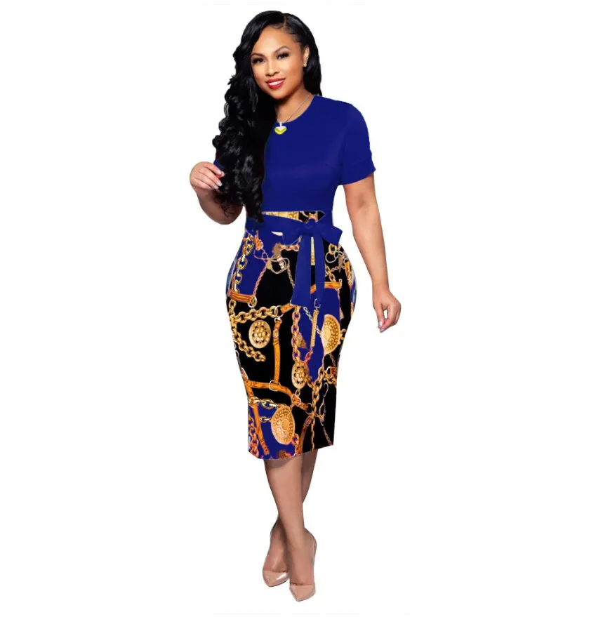

Professional design polyester plus size short sleeve women casual print dresses, As picture