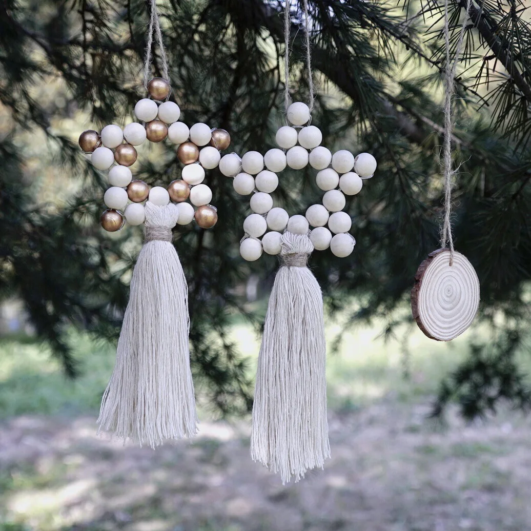 

Boho Wooden Beads Star Pendant Decor Cotton Tassels Garden Outdoor Home Wall Hangings Farmhouse Ornament, Multicolor