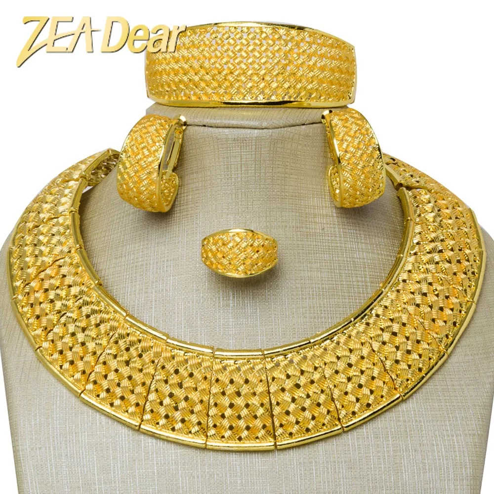 

Quality Promotional 14K Gold Dubai Jewelry Set Rhinestone Necklace And Earrings Jewellery Sets