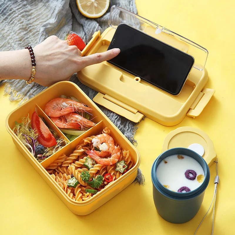 

New PP 3 Grids Rectangular Insulated Leakproof Food Container Plastic Bento Storage Lunch Box With Phone Bracket Cover