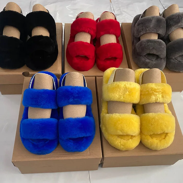

With Shoebox Card Sandals Free Shipping Designer Real Fur Slides Oh Year Fluff Year Fuzzy Furry Ugghing Slippers For Women, 7 colors
