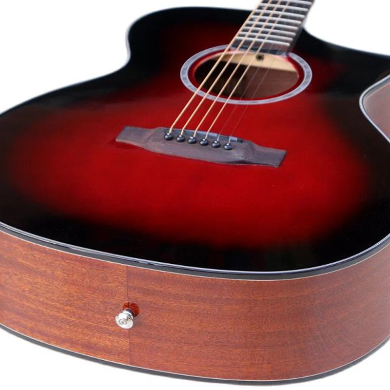 

Red 6 strings acoustic guitar 40 inch cutway design high gloss finish folk guitar can add EQ with flaw bubble hard case