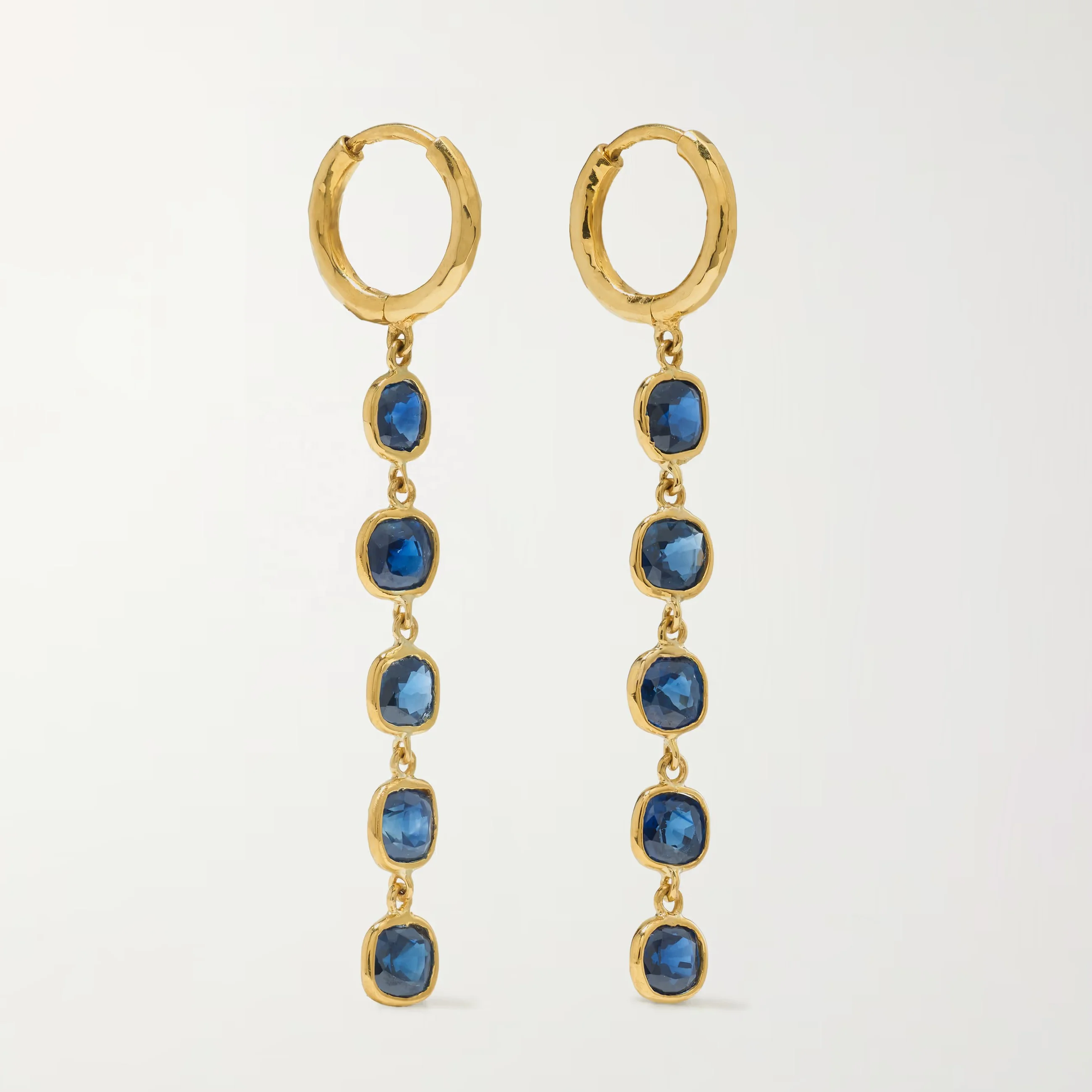 

LOZRUNVE French Style 18k Gold Square Blue Sapphire Crystal Long Dangling Hammered Hoop Earring