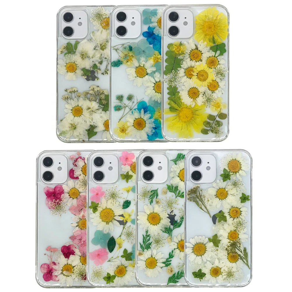 

2021 high quality epoxy pressed real dried colorful flowers phone case clear soft tpu pc back cover for Iphone 11/12 pro max