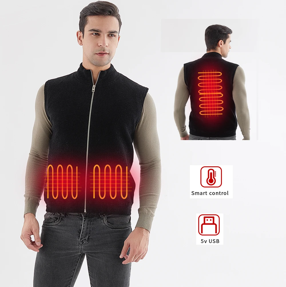 

5V USB Carbon Fiber Far Infrared Heating Black Zip Up 3 Temperature Gears Men Heated Winter Storm Sweater Vest with heater