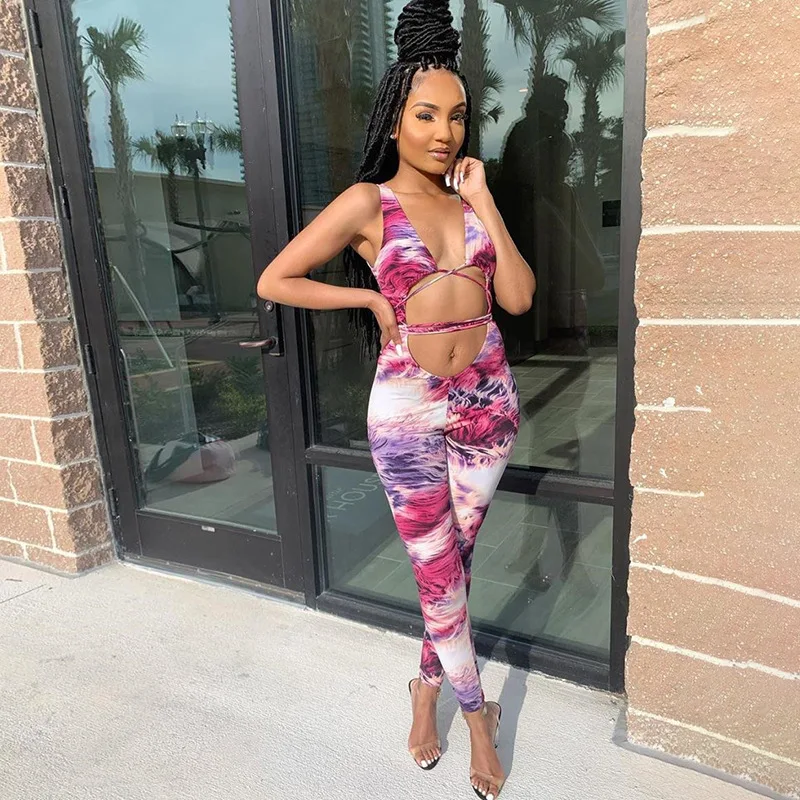 

2020 new fashion one piece women sexy hollow out tie dye outfit tied around the waist sleeveless bodysuit and long pants rompers, As the picture