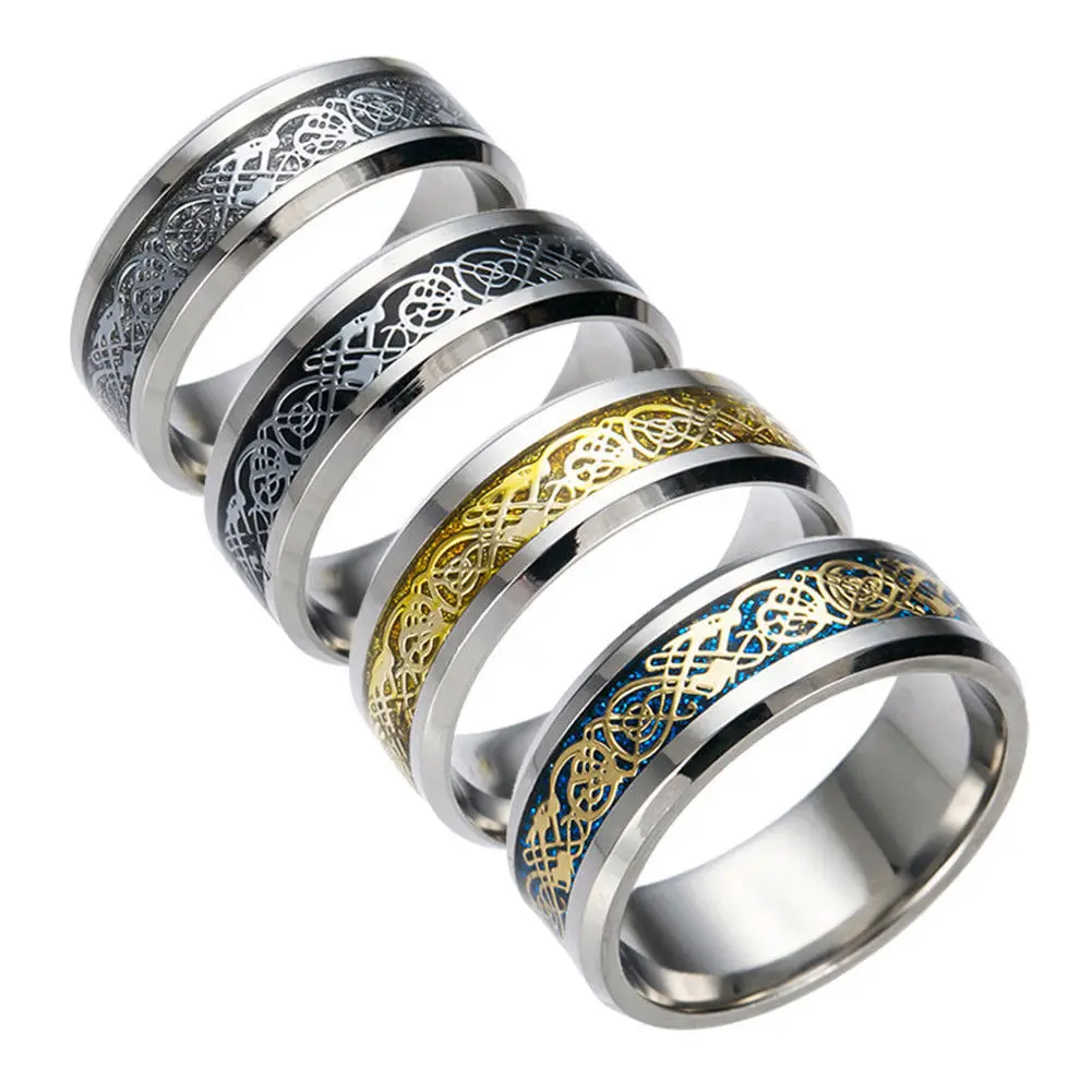 

DRAGON Men's 8mm Blue Carbon Fiber Black Celtic Dragon Tungsten Carbide Ring Comfort Fit Wedding Band, Silver;blue;gold