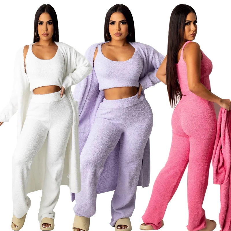 

clothing female wholesale Velvet long sleeves solid women lounge wear sets cardigan and long pants 3 piece set, White/pink/purple