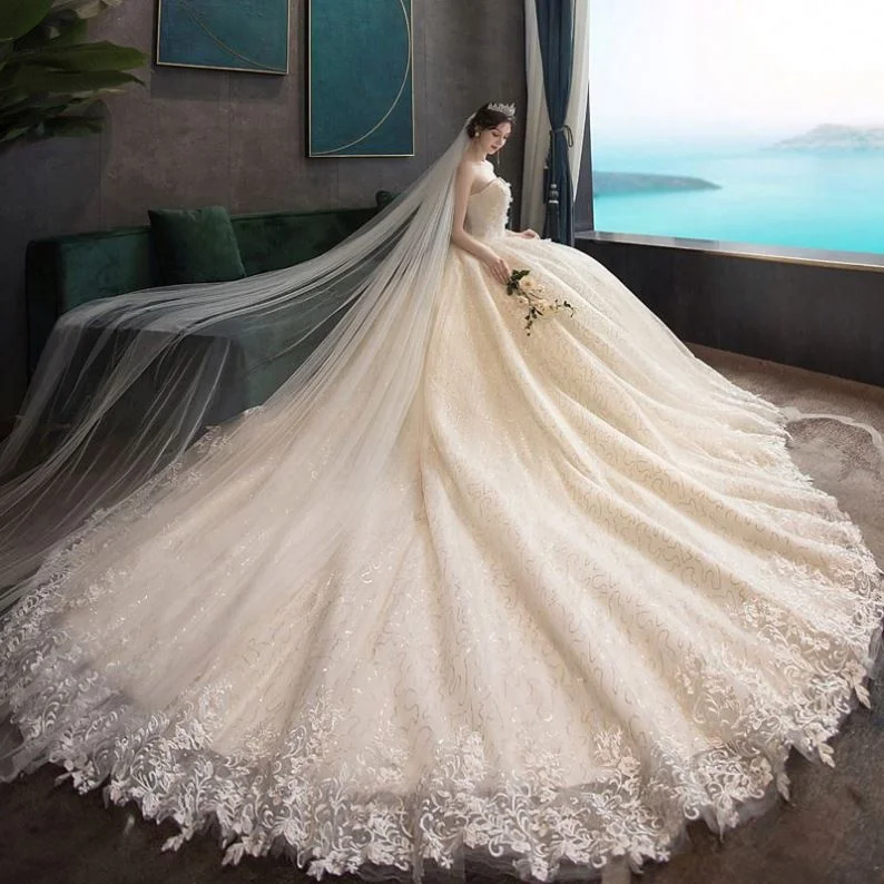 

New Champagne Wedding Dress Bride Married Sweetheart Lace Flower Puff Sleeves Long Wedding Gowns