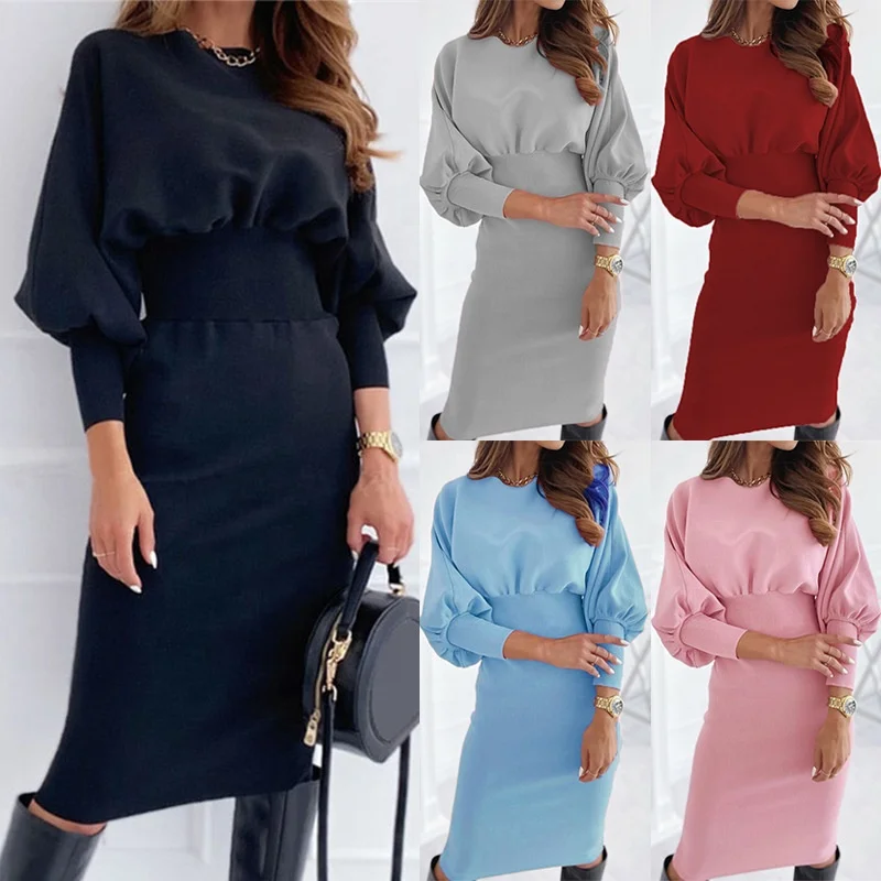 

2021 hot style spring elegant pink sweet fairy plus size casual spaghetti strap women knitted dress with long sleeves high waist, Picture