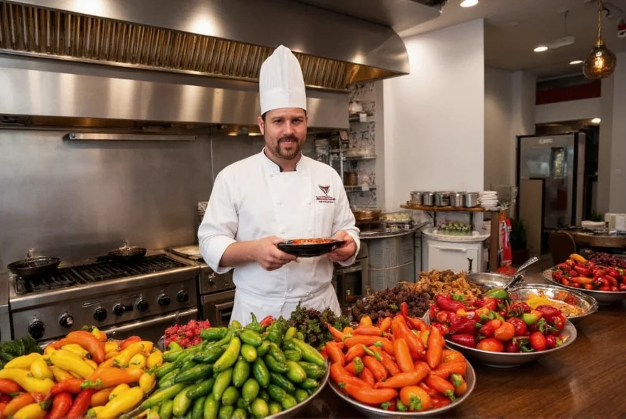 Chef preparing pepper-based sauce at Pepper Square restaurant with various pepper varieties displayed