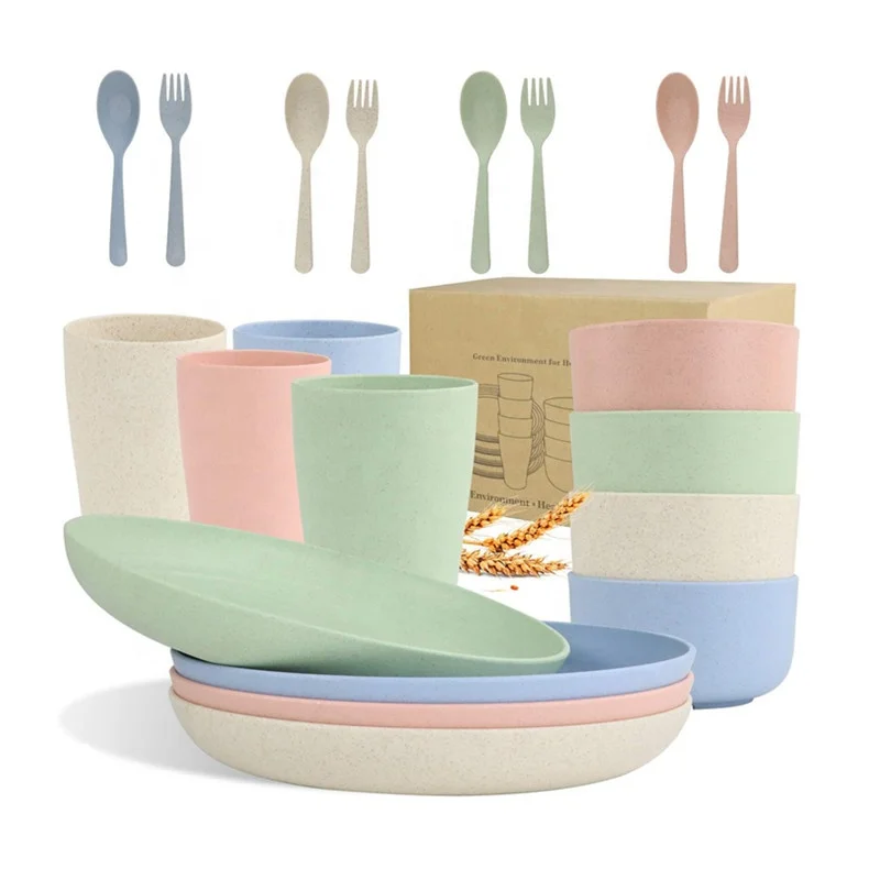 

Dropshipping Environmental Protection Unbreakable Wheat Straw Bowl Set Amazon's most popular dinnerware baby plates snack plate, Blue / beige / pink / green