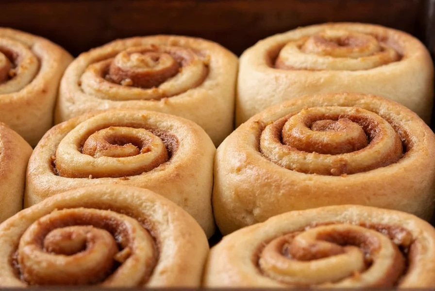 Golden brown cinnamon rolls with perfect texture and glossy icing on baking sheet