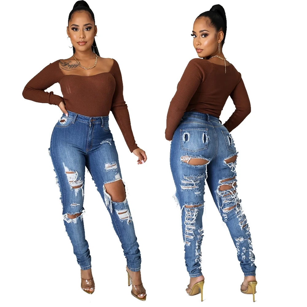 

Dropshipping women casual pants slim-fit high-waist ripped denim pants jeans woman, Picture color