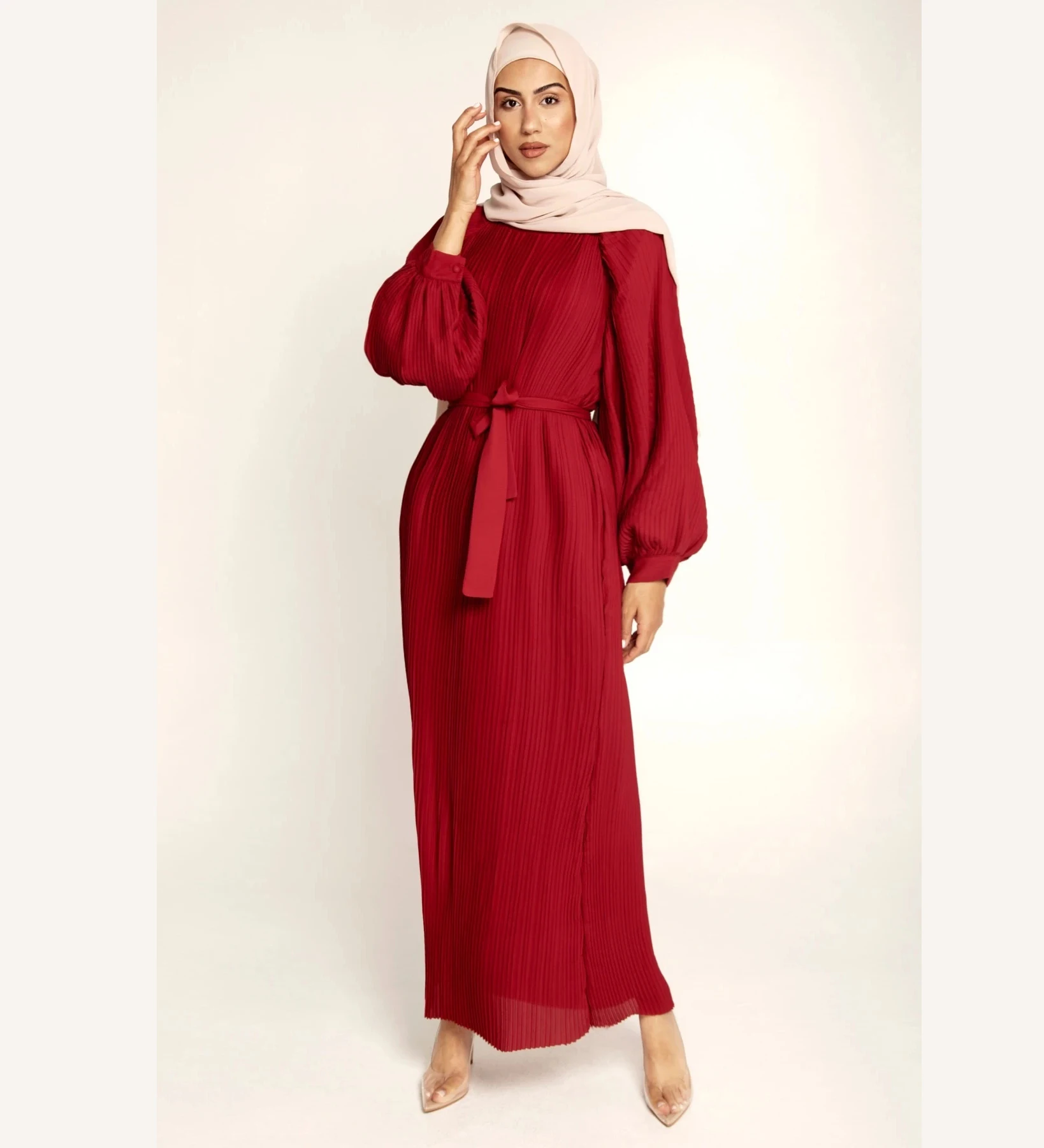 

Womens BURGUNDY PLEATED BALLOON SLEEVE MAXI DRESS abaya customized logo wholesale, Black