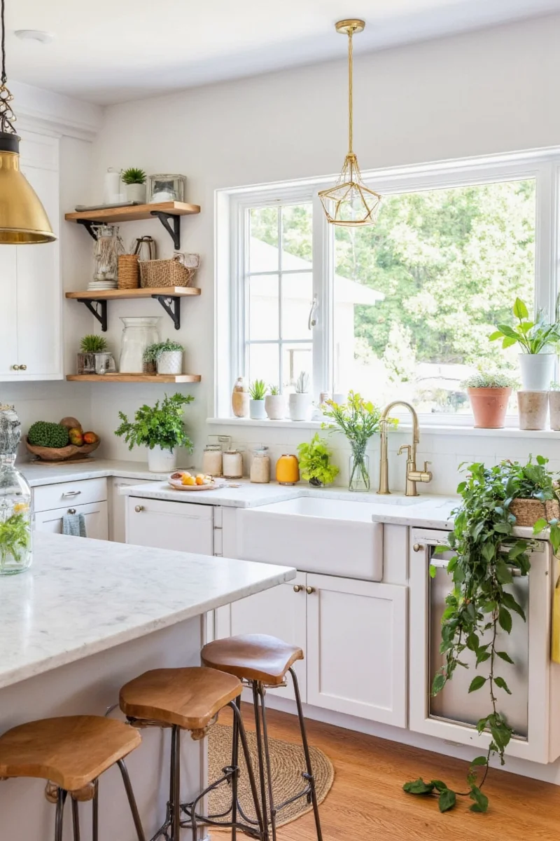 Child happily watering kitchen plants and decorating pots with paint