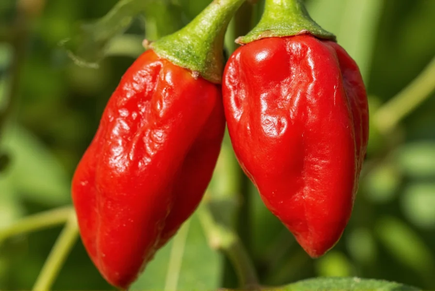 Close-up photograph of red ghost peppers on plant showing wrinkled texture and pointed shape