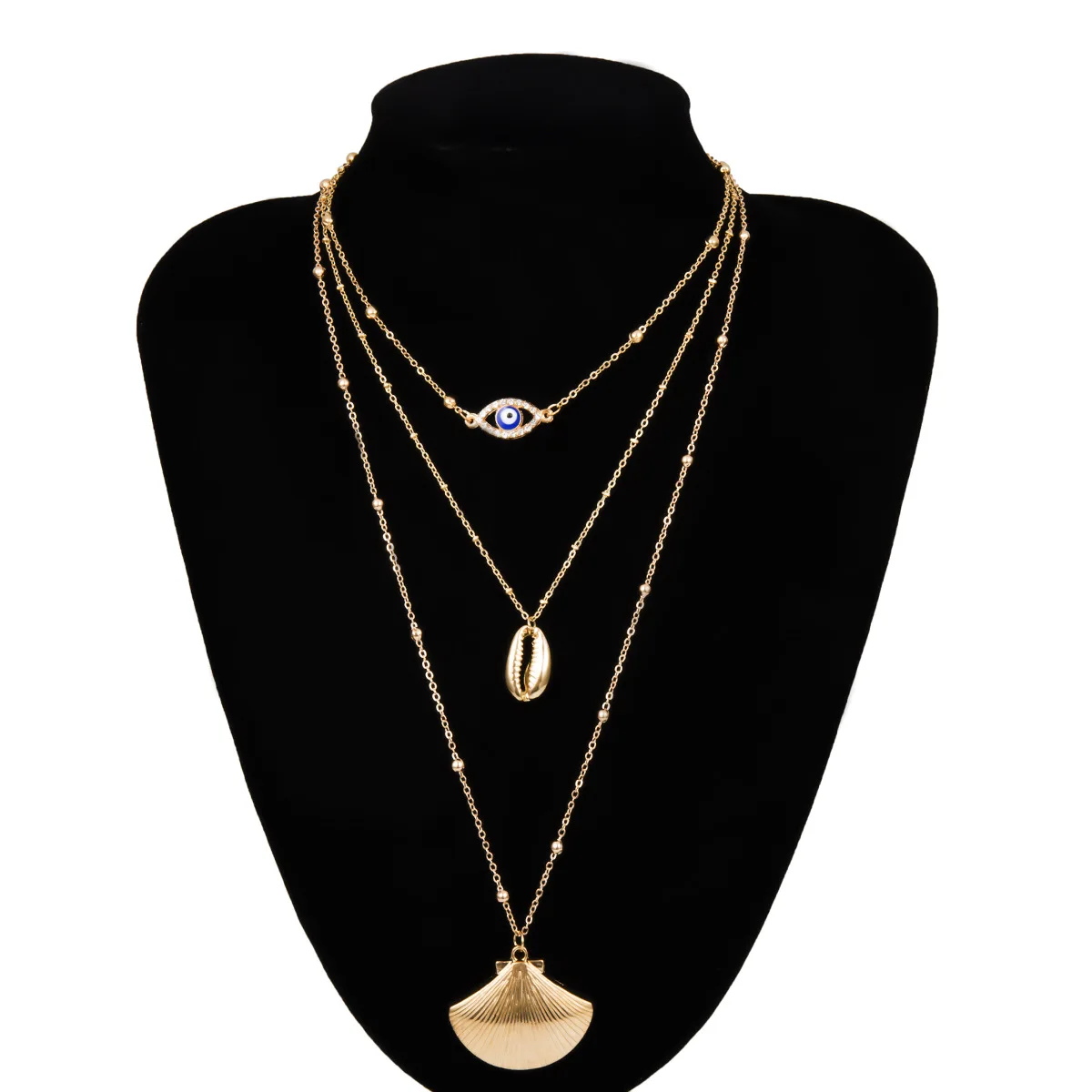 

Fashion Three Layers Gold Shell Pendant Blue Eye Necklace Jewelry Gift