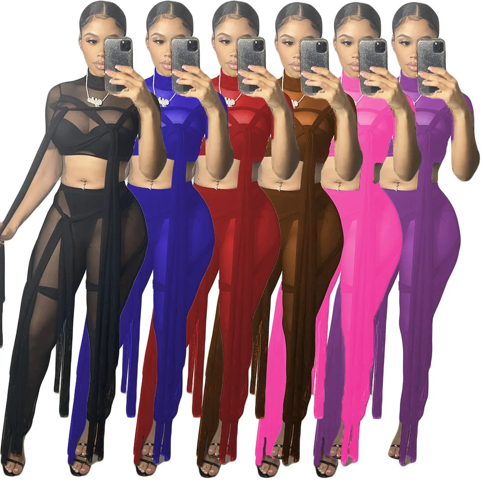 

Solid Co ord Clothes Women Sexy Perspective Gauze Plain Summer Bandage 2 piece Casual Outfit Crop Tops Pants Set 2021, Pink,red,purple,black,coffee,blue