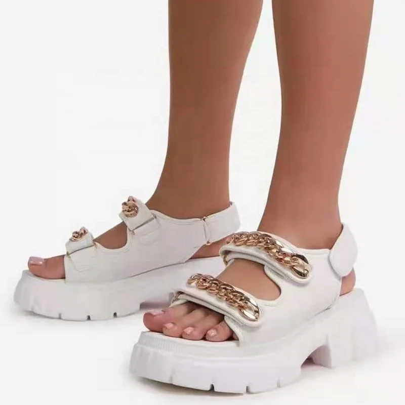

Casual Thread Open Toe High Platform Women Summer Shoes Metal Decorate Cloth Surface Thick Sole Flat Sandals Wedge Heel Sandals, Black white khaki pink