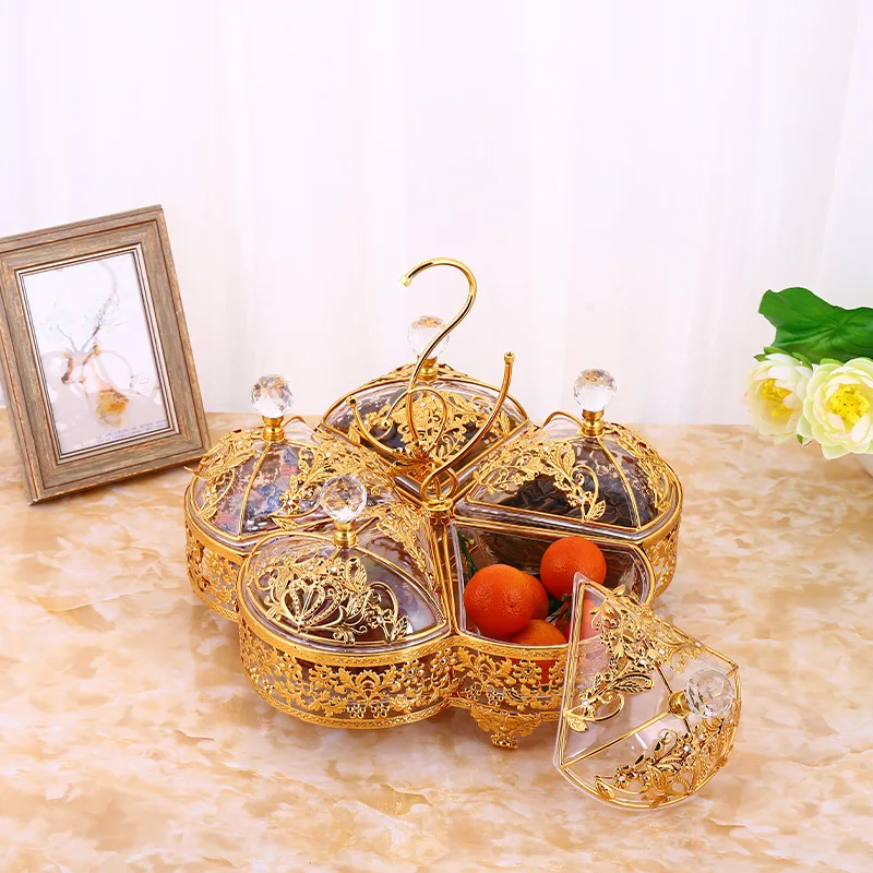 

Home Decorative Golden Plated Metal Serving Candy Dry Fruit Deco Storage Tray With 5 acrylic Bowl and lid, Gold