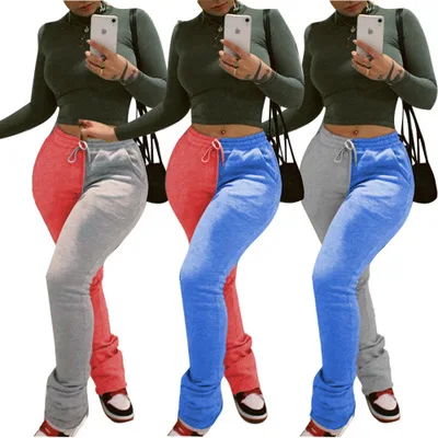 

Winter Fashion Women Mid Waist Drawstring patchwork two colors fleece thick stacked sweatpants women, Gray, green, black, pink blue orange