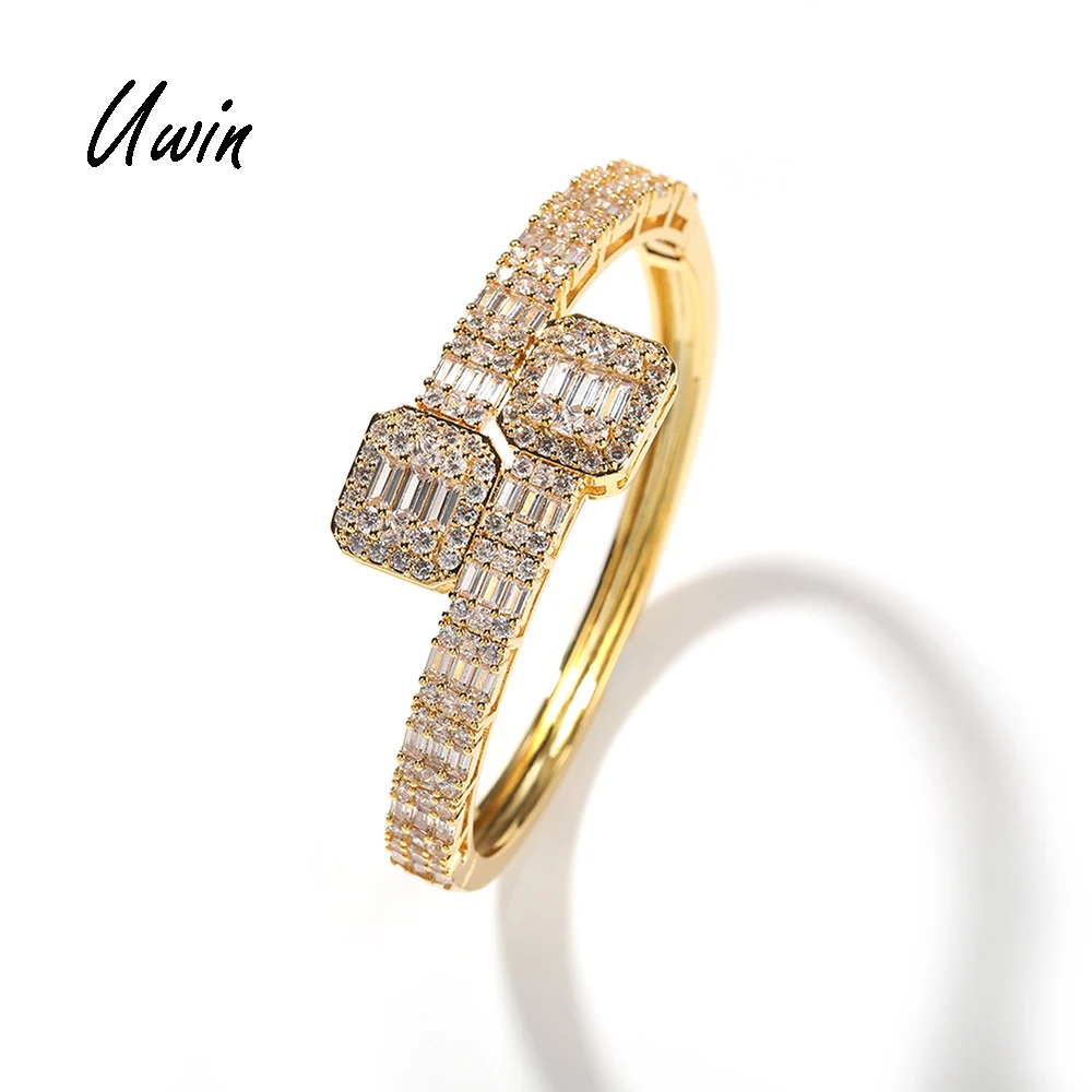 

UWIN New Arrival Female Bangle Simple Baguette CZ Bracelet Iced Out 18K Gold Plated Hiphop Fashion Jewelry, Gold and silver color