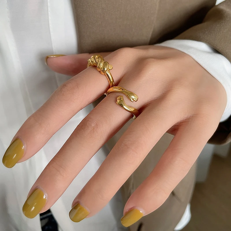 

2 Designs 18K Gold Plated Hug Small Hand Rings Knotted Twisted Geometric Rings for Women Minimalist Stainless Steel Jewelry 2021