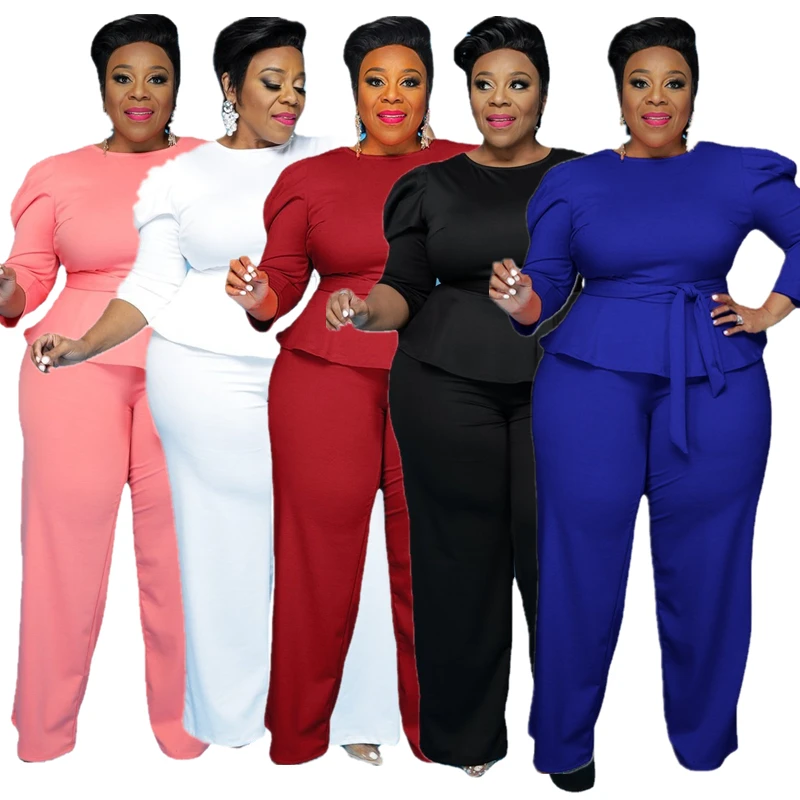 

2021 wholesale solid color blouse and pants 5xl plus size two piece set business attire clothes for women, 5colors