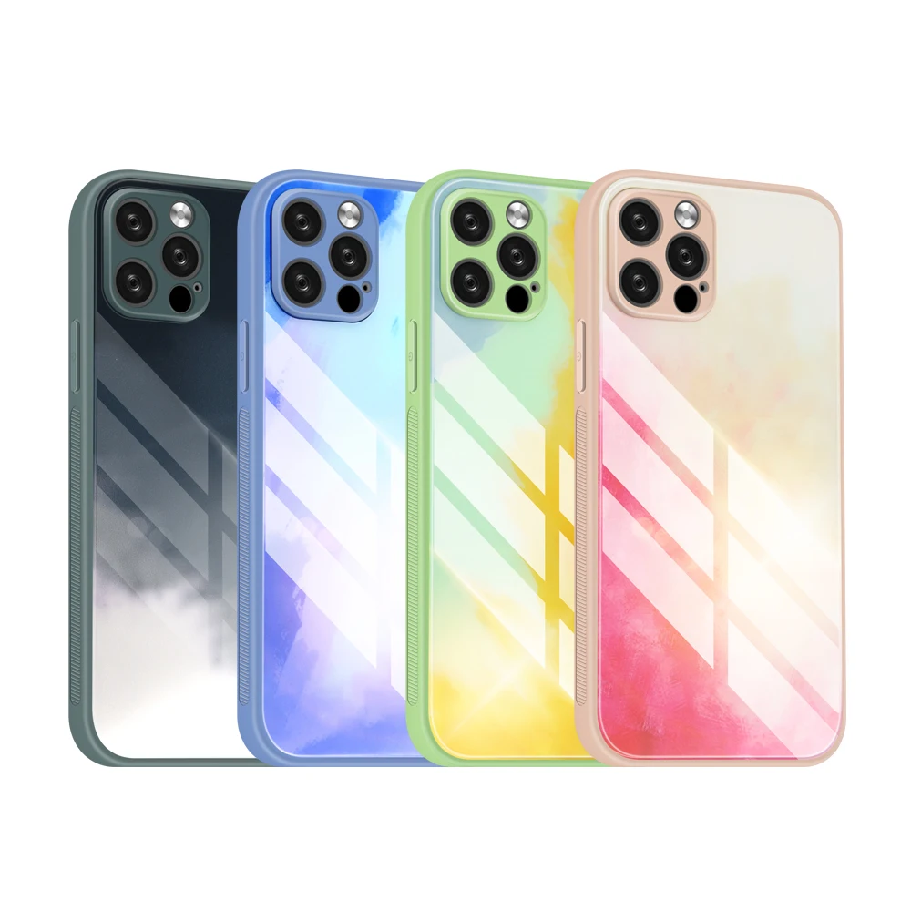 

Tpu Pc Glass Colorful Gradient Phone Case Painting Tempered Glass Back Cover For Iphone Case Paint