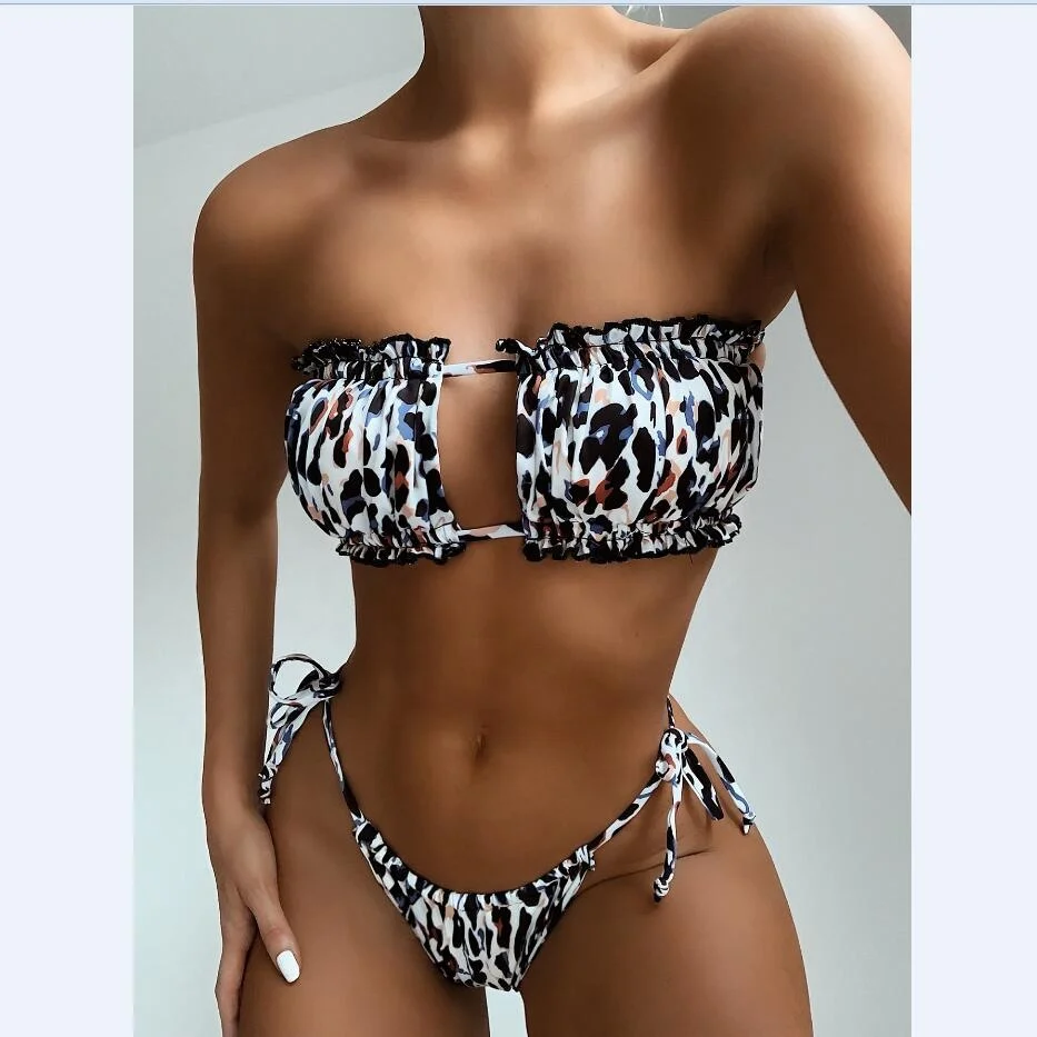 

Women Leopard Print Swimsuit Wrapped Breast Sexy Pleated Hollow Bikini Swimsuit Summer Girl's Beach Swimsuit, Shown
