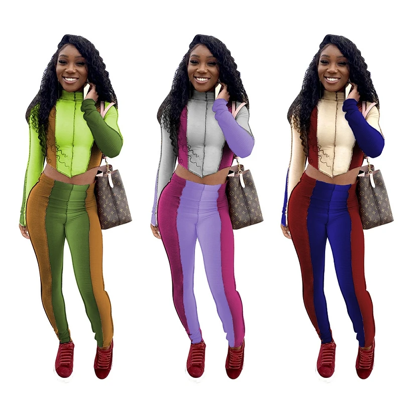 

EB-20121527 Amazon hot sale women fashion color block pants and crop top two piece set women clothing, 3 colors