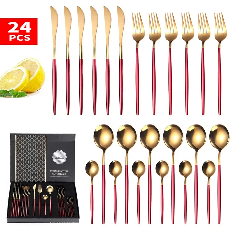 

Eco Wedding Shiny Gold 24 Piece with gift Box Rose Cutlery Set Stainless Steel